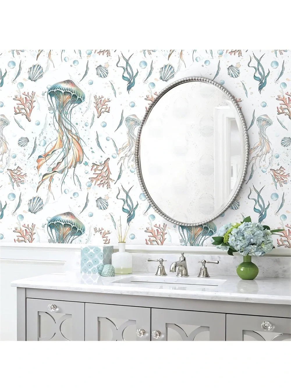 NWT- Jellyfish Pattern Blue and Coral Wallpaper Peel and Stick